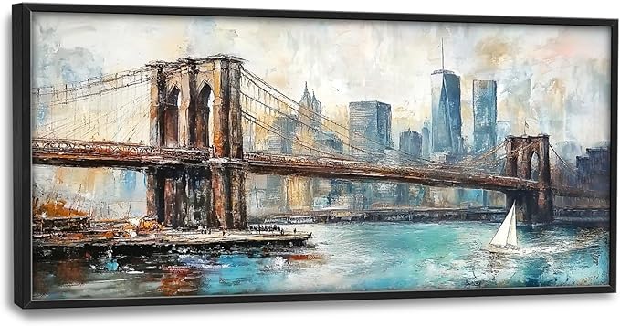 Extra Large Framed Brooklyn Bridge Wall Art,New York City Wall Decor,Abstract Skyline Cityscape Pictures for Living Room,Canvas Print Painting Modern Artwork Bedroom Office Bathroom 60L x30W-PawvioPets