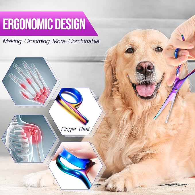Gimars Dog Grooming Scissors Kit Professional 4CR with Safety Round Tip, 5 in 1 Heavy Duty Titanium Coated Thinning & Curved & Straight Shears-PawvioPets