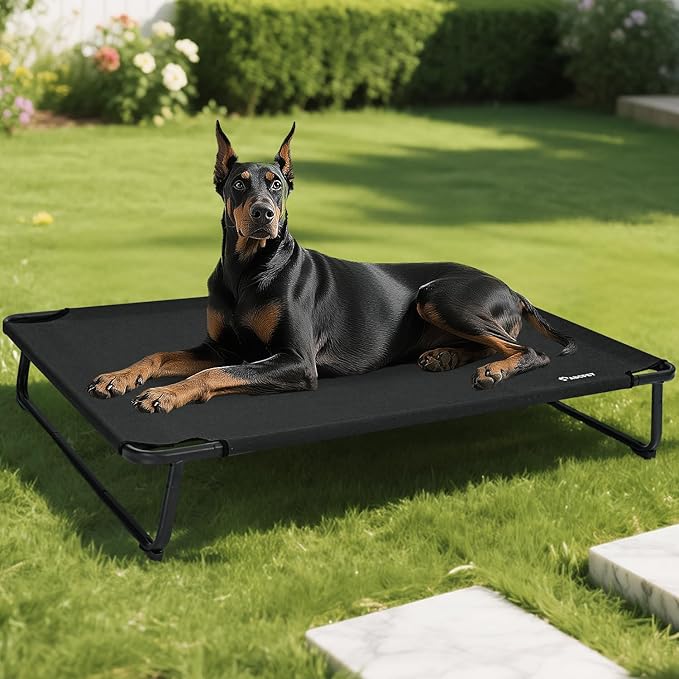 Cooling Elevated Dog Bed, Raised Outdoor Dog Bed Waterproof Pet Beds Cots Stable and Easy Assembly, Teslin Fabric with 1.2mm Thick Iron Frame, Breathable, Ultra-Sturdy，Black, 48 * 32 * 8.7-PawvioPets