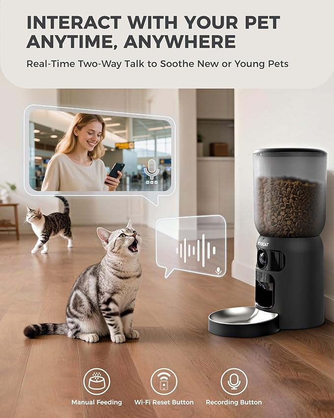 AI Cat Feeder with Dual Cameras (1 Adjustable), 2K HD Night Vision, 5G/2.4G WiFi, 6L Automatic Pet Feeder with APP Control, Laser Interactive Toy, Two-Way Audio & Scheduled Feeding-PawvioPets