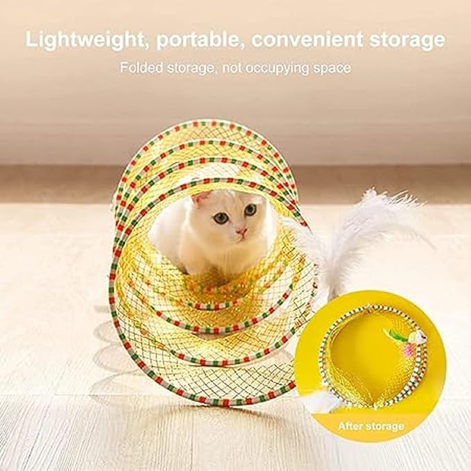 Folded Cat Tunnel Toy for Indoor Cats, 2 PCS Collapsible Pet Spring Cat Toys with Feather Mouse Upgrade Interactive Toy Playing Tent for Puppy Kitten Accessories Home-PawvioPets