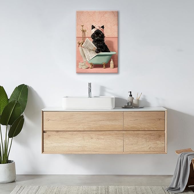 Cat Bathroom Wall Decor Black Cat Reading Newspaper in Bathtub Canvas Wall Art Funny Bathroom Pictures Kitten Painting Print Pink Artwork Framed Decorations Gifts 16"x24"-PawvioPets