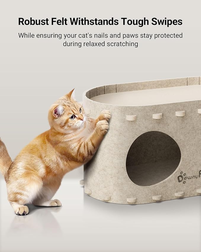 DownyPaws Cat House for Indoor Cats, Cat Bed Cave for Multiple & Large Cats Up to 22 Lbs, Scratch Resistant, Foldable Peekaboo Kitten Caves Tunnel Enclosed Bed, PeekaPurr, Cream-PawvioPets
