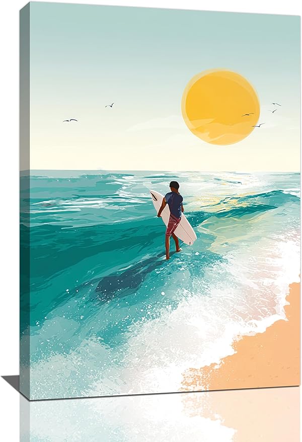 Beach Surfing Wall Art Ocean Coastal Wave Canvas Wall Decor Summer Nature Seascape Pictures Painting Print Framed Artwork Decorations for Bathroom Living Room Office Bedroom 16"x24"-PawvioPets