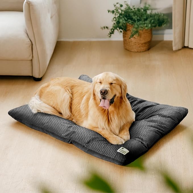 FUNNY FUZZY Washable XL Dog Crate Bed for Extral Large Dogs,Reversible Plush Flat Dog Bed Mat, Pillows,Soft Comfy Kennel Pad,Pet Sleeping Mattress,Pet Cushion,42" × 28", Charcoal Grey-PawvioPets
