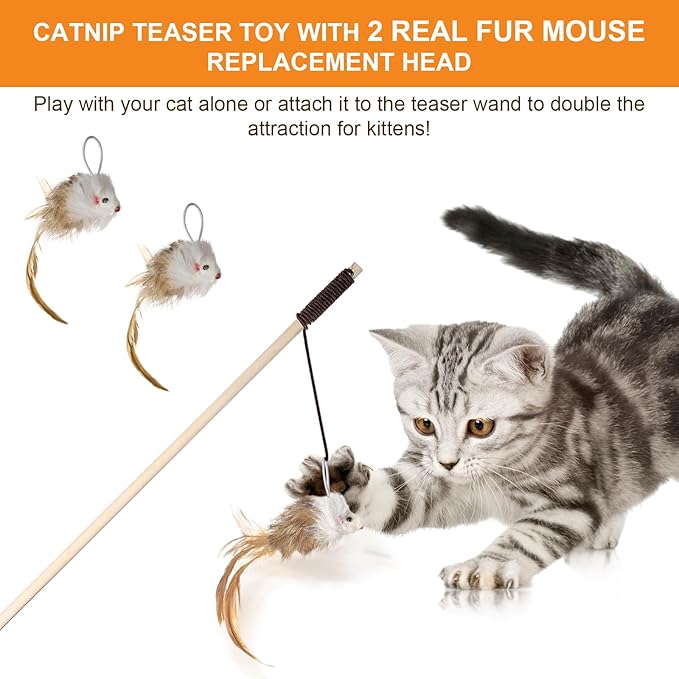 Cat Feather Toys with Catnip Ball, Feathers & Bell - 2 Replaceable Mouse Heads, Elastic Rope & Wooden Handle for Aggressive Kittens, Durable Bite-Proof Interactive Cat Teaser for Indoor Play-PawvioPets