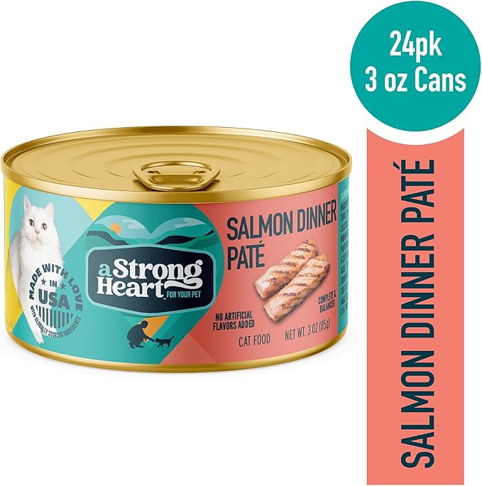 A Strong Heart Canned Wet Cat Food, Salmon Dinner Paté - 3 oz Cans (Pack of 24), Made in The USA with Real Salmon-PawvioPets