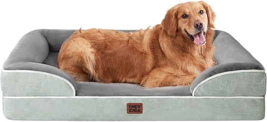 EHEYCIGA Orthopedic Dog Beds for Extra Large Dogs, Waterproof Memory Foam XL Dog Bed with Sides, Non-Slip Bottom and Egg-Crate Foam Big Pet Couch Bed with Washable Removable Cover, Greyish Green-PawvioPets