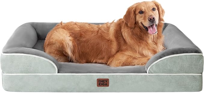 EHEYCIGA Orthopedic Dog Beds for Large Dogs, Waterproof Memory Foam Large Pet Bed with Sides, Non-Slip Bottom and Egg-Crate Foam Dog Couch Bed with Washable Removable Cover, Greyish Green-PawvioPets