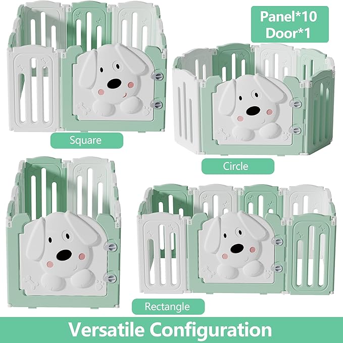 Foldable Dog Play Pen Indoors, Non-Slip Sturdy Puppy Playpen with Door, 25.5" H 10-Panel Adjustable Shape Dog Fence Pen for Small/Medium Dogs, Thickened, Easy to Store, White+Green-PawvioPets