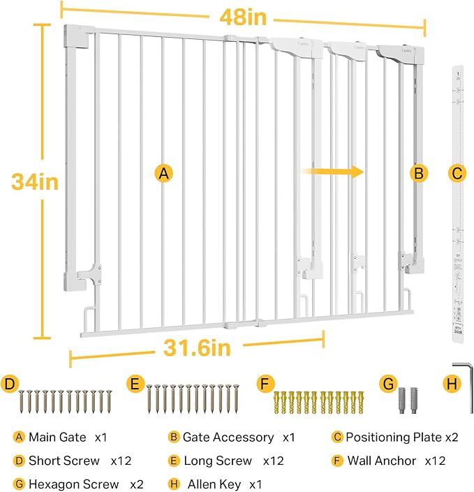 Cumbor 34" Extra Tall No Bottom Bar Baby Gate for Stairs, Auto Close Dog Gate Indoor for Larger Pets, 31.6-48" Hardware Mounted Safety Gate for Doorways, Wide Walk Thru Door for Easy Access (White)-PawvioPets