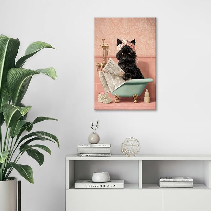 Cat Bathroom Wall Decor Black Cat Reading Newspaper in Bathtub Canvas Wall Art Funny Bathroom Pictures Kitten Painting Print Pink Artwork Framed Decorations Gifts 16"x24"-PawvioPets