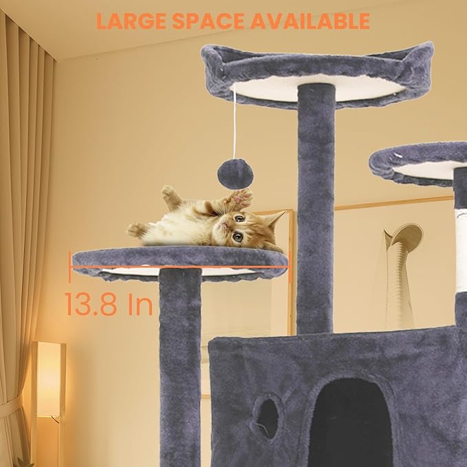 54.7 inches Cat Tower for Indoor Cats Multi-Level Cat Condos for Cat Tree Cat Climbing Tower with Scratching Posts, Hanging Toys,Ashy-PawvioPets