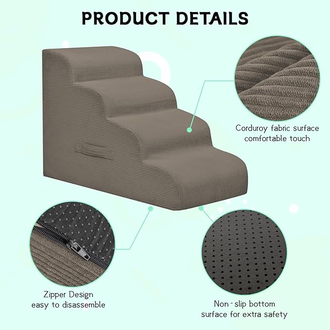 Dog Steps for Small Dogs, 4-Step Pet Ramp Stairs for High Beds and Sofa, Non-Slip Pet Stairs for Small Dogs and Cats, Removable and Easy to Clean Cover, Light Brown-PawvioPets