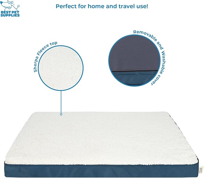 Best Pet Supplies Cute Dog Crate Mat Flat Bed with Waterproof Exterior, Thick Orthopedic Egg Foam Mattress, and Soft Sherpa Fleece Cover for Small, Medium, and Large Breeds - Blue, 41X29X4-PawvioPets