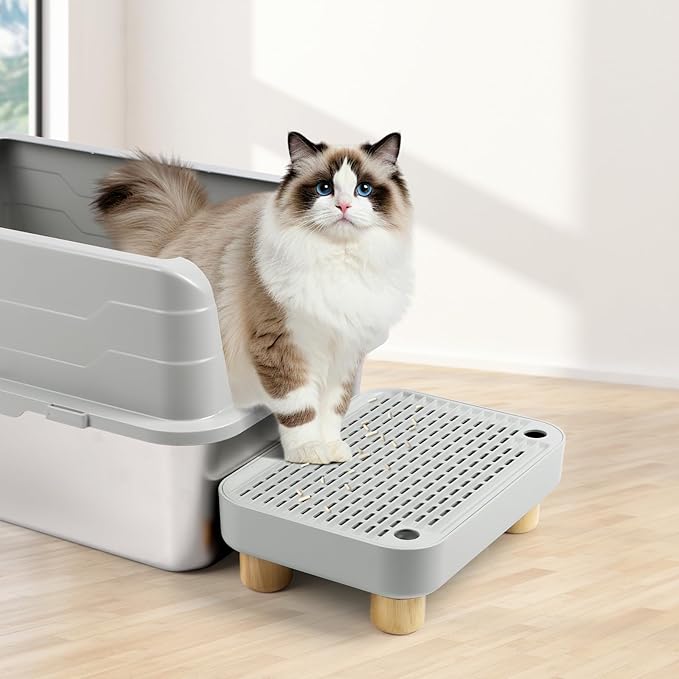 Cat Litter Box Step Ramp, Cat Litter Catcher Mat with Wooden Feet, Filter Function, Cat Pedal Stool for Self-Cleaning Cat Litter Box, Ideal for Kitten & Elderly Cats (Light Grey)-PawvioPets