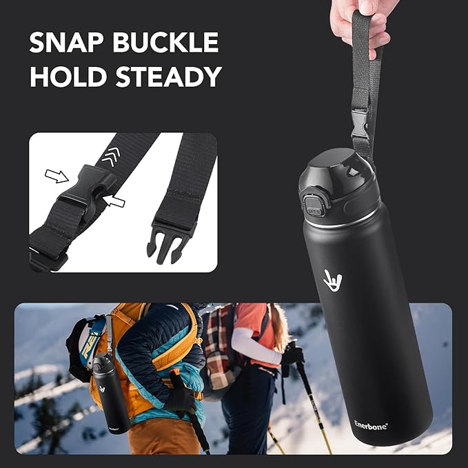 Enerbone 32 oz Insulated Water Bottle, Stainless Steel Bottle with Carrying Strap, Double-Wall Vacuum Insulation Design, Leakproof Sports Bottle with Straw, Keep Drinks Cold or Hot for Hours-PawvioPets