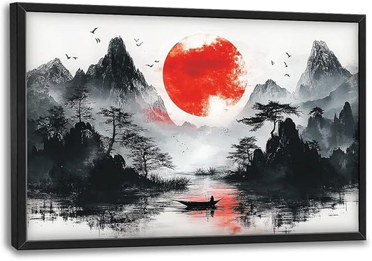 Framed Large Japanese Mountain Wall Art for Living Room, Oversized Asian Red Sun Lake Landscape Wall Decor Nature Canvas Painting Home Decoration for Living Room Bedroom Office 36"x24"-PawvioPets