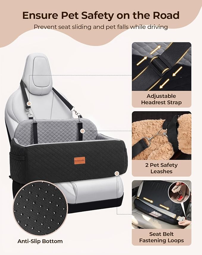 Dog Car Seat for Large Medium Dogs, Pet Car Seat Under 55 lbs or 2 Puppies, Removable Washable Pets Travel Booster Bed for Automotive Backseat with Comfy Thick Cushion, 2 Safety Leashes(Black/Gray)-PawvioPets