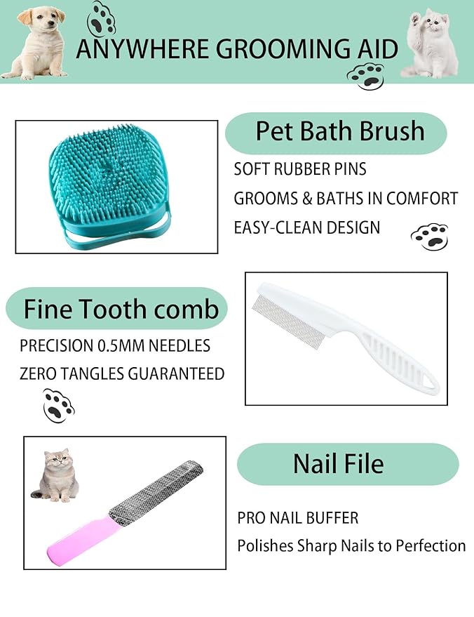 6ps Dog Cat Brush Grooming Kitf, Dog Cat Brushes, Bath Brush, Dematting Rake and Comb, Nail Clipper, Nail File, Flea Comb (Pink 6 Kits)-PawvioPets