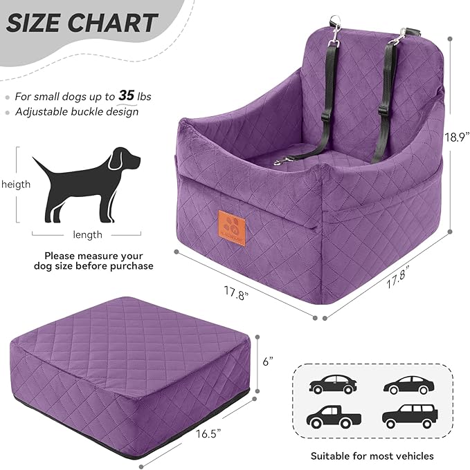Dog Car Seat for Small/Medium Dogs, Dog Booster Car Seats with Thick Cushion for Dogs Under 35lbs, Detachable Washable Pet Carseat with Storage Pockets, 2 Safety Belts(Purple)-PawvioPets