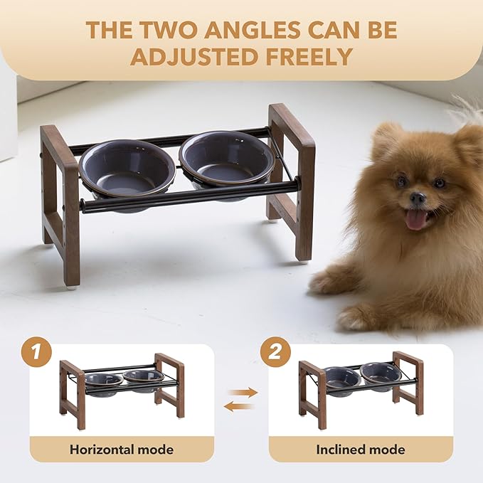 5.5inch Ceramic Adjustable Raised Double Bowls Set with Stand, 3 Heights Elevated, 2 Placement Options, Food and Water Dishes for Puppy, Cats（Double Bowls+Stand, Reactived Glaze -Grey-PawvioPets