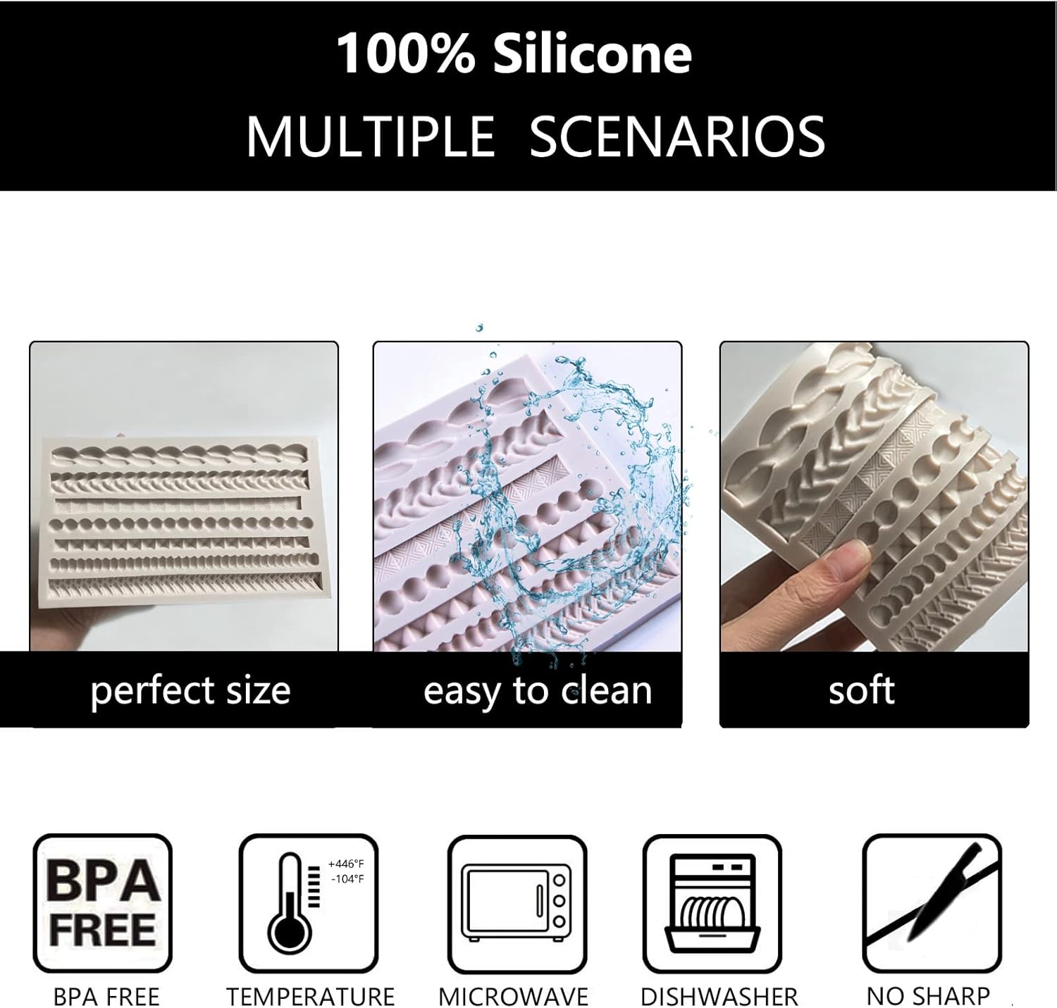 Scroll Lace Fondant Molds, Baroque Chocolate Frame Decor, Clay Frame Relief Mould for Birthday Wedding Cake Decoration Cupcake Topper Pie Crust Candy Resin Clay Furniture Corner Border, Gray