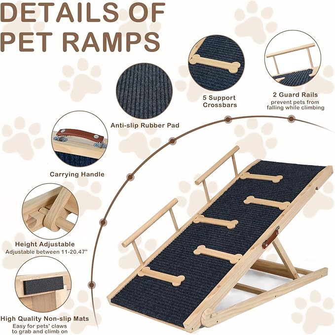 Dog Ramp for Bed Couch Extra Wide Folding Pet Ramps for Large Dogs to Get on Bed, Portable Doggie Steps 6 Adjustable Height 27.3”, 47.3" Long-PawvioPets
