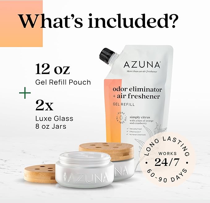 Azuna Air Freshener & Odor Eliminator for Strong Odor | 2 Room Kit Includes (2) Empty Luxe Glass Jar & 12oz Gel Refill with Tea Tree Essential Oil | Simply Citrus | Last 60-90 Days-PawvioPets