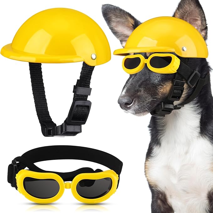 Frienda Dog Helmet and Goggles, UV Protection Doggy Sunglasses and 4 Inch Padded Puppy Motorcycle Helmet Adorable Dog Goggles with Adjustable Belt for Small Dogs Puppy Riding (Yellow,L)-PawvioPets