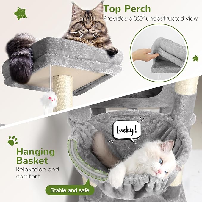 Globlazer Extra Large Cat Tower, 81-inch Tall Cat Tree for Big Cats 20 lbs, XXL Heavy Duty Cat Scratching Tower for Indoor Adult Cats with 3 Cat Condos, 8 Scratching Posts, F81, Light Grey-PawvioPets