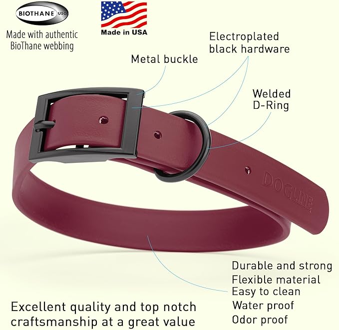 Dogline Biothane Waterproof Dog Collar Strong Coated Nylon Webbing with Black Hardware Odor- Proof for Easy Care Easy to Clean High Performance Fits Small Medium or Large Dogs, Merlot Burgundy-PawvioPets