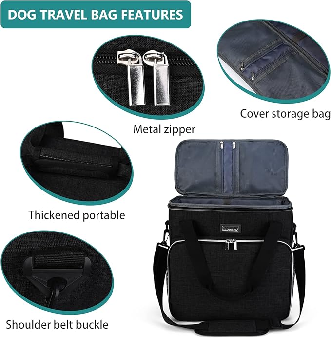 BAGLHER Dog Travel Bag, Pet Travel Bag (All Pet Travel Supplies), with 2 Pet Food Containers and 2 Collapsible Silicone Bowls; Essential Kits for Pet Travel Black-PawvioPets