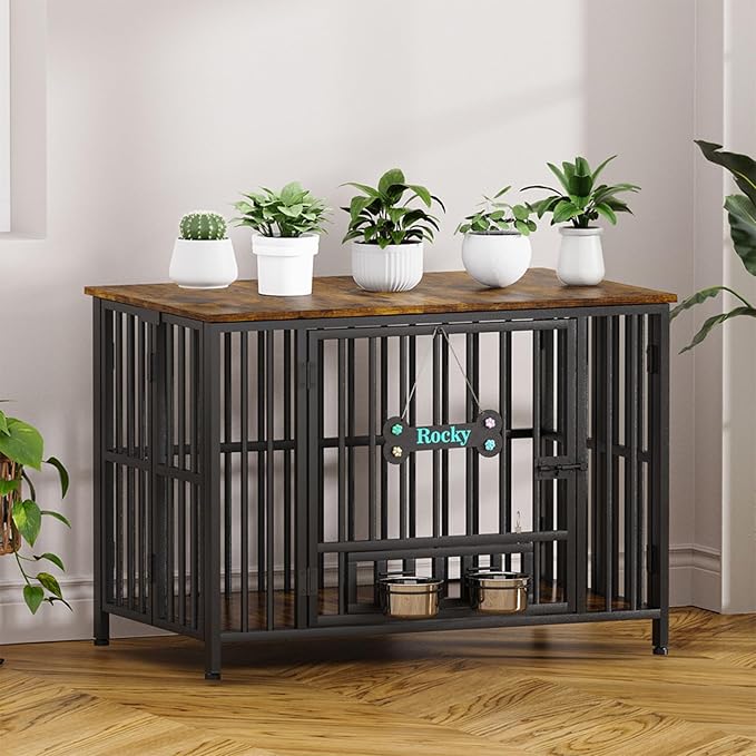 Easycom 41" Dog Crate Furniture Foldable, No Assembly Decorative Dog Kennel Indoor, Dog Crates for Large Dogs (40–65 lbs), Wooden Dog Cage with Adjustable Bowls and Name Tag, End Table, Rustic Brown-PawvioPets