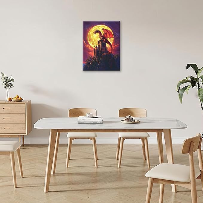 Dragon Bathroom Pictures Wall Art, Red Dragon Castle Bathroom Wall Decor, Framed Painting Canvas Artwork for Bedroom Living Room Decorations 16"L x 12"W-PawvioPets