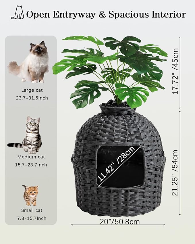Cat Litter Box Plant Furniture Enclosure, Hidden Handwoven Rattan with Cat Litter Box and Artificial Plants, Odor Control Filter, Real Stones in Living Room, Bedroom, Corner (Black)-PawvioPets