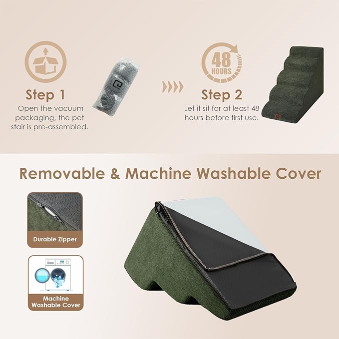 EHEYCIGA Curved Dog Stairs Ramp for High Beds 22.6" H, 5-Step Dog Steps for Small Dogs and Cats, Pet Stairs for High Bed Climbing, Non-Slip Balanced Pet Step Indoor, Olive Green-PawvioPets