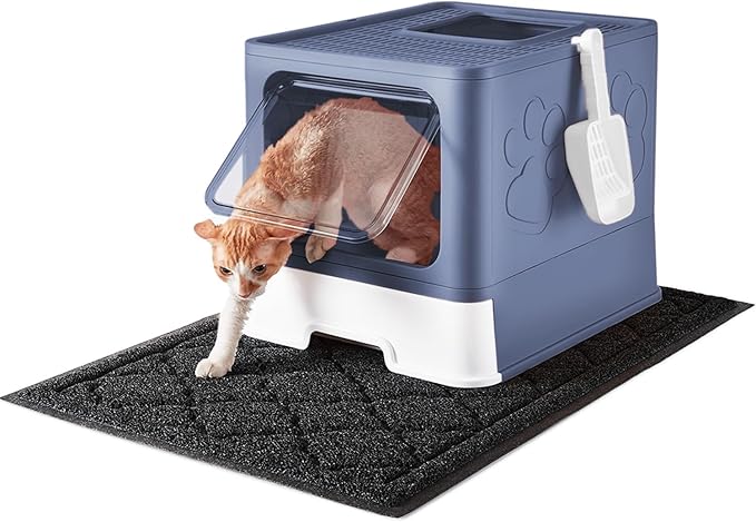 Cat Litter Box with X-Large Litter Mat and Scoop, Large Foldable Litter Box with Lid, Enclosed Kitty Box,Front Top Entry Exit, Odor Control Easy to Clean (Upgrade Midnight)-PawvioPets