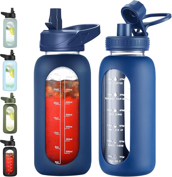 32 oz Glass Water Bottle with Straw and Handle, Sports Motivational Water Flask with Silicone Sleeve, Large Leakproof Water Flask Cup with Time Marker for Travel, Gym, Navy-PawvioPets