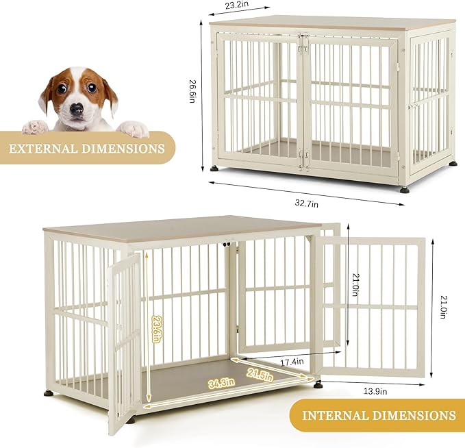 48" Rustic Heavy Duty Dog Crate Furniture for Extra Large Dogs, Decorative Pet House End Table, Wooden Cage Kennel Furniture Indoor, Double-Doors Sturdy Dog Cage-PawvioPets