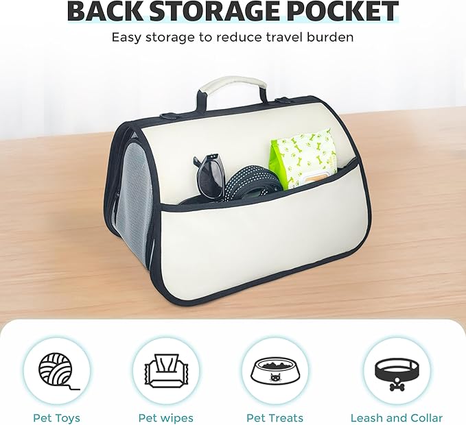 Cat Carrier Purses for Women, Airline Approved Pet Travel Bag for Cats, Kittens, Rabbits up to 10 lbs - Collapsible, Soft-Sided,16x10x10 in, Breathable Mesh with Kitty Pattern, Collar and Leash, Cream-PawvioPets