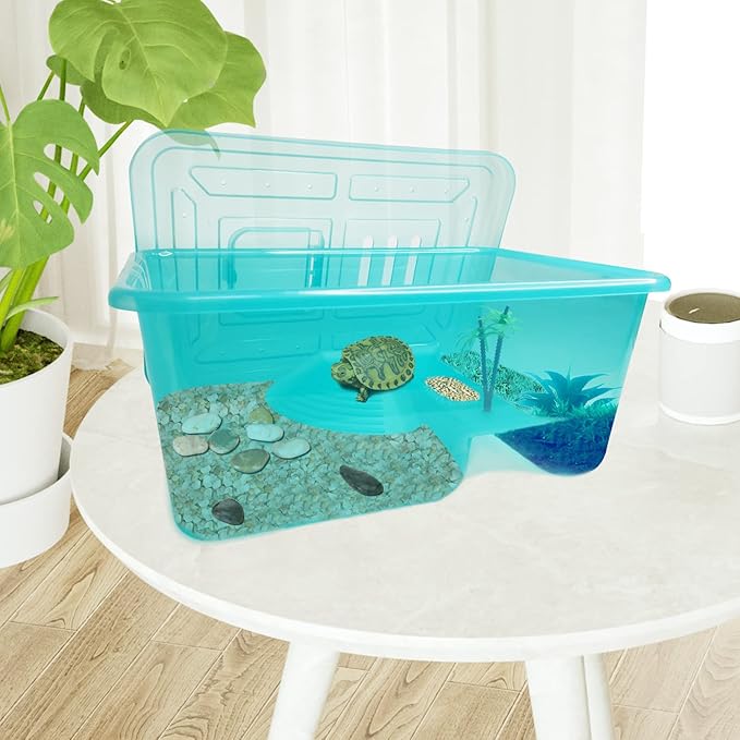 Fhiny Turtle Tank with Lid, Plastic Reptile Terrarium Turtle Breeding Box with Basking Platform Tortoise Aquarium for Crayfish Hermit Crabs Geckos Lizards Habitat Prevent Escaping (Medium)-PawvioPets