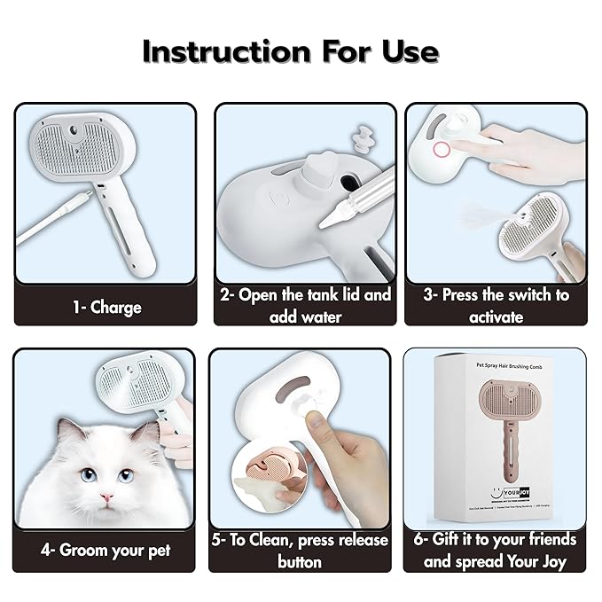 4 in 1 Cat Steam Brush: steam brush for cats, Grooming, Shedding, Mist Spray, Hair Removal Comb & Massager, USB Rechargeable Self Cleaning cat steam brushes for indoor cats - White-PawvioPets