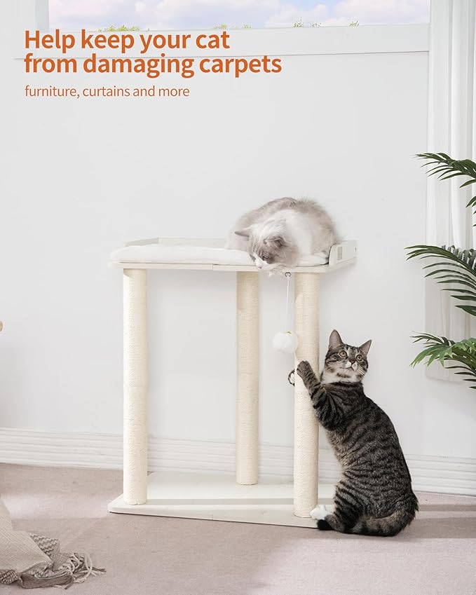 FourFurPets 26.7in Large Cat Tree Tower Condo, Cat Scratch Posts for Indoor Cats, Big Plate, Three 23.6in Full Sisal Scratching Posts, White-PawvioPets