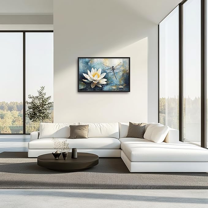 Extra Large Lotus Dragonfly Framed Wall Art for Living Room,Abstract Blue Lotus Flower Lake Pictures Wall Decor,Nature Canvas Print Painting Modern Artwork Bedroom Office Bathroom 36L" x 24W"-PawvioPets