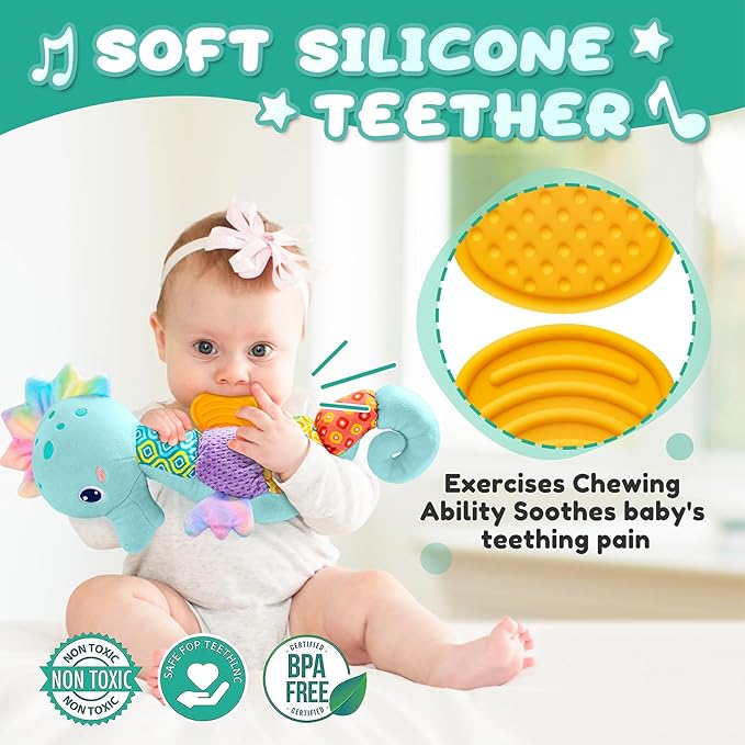 Baby Toys 0 to 12 Months, Musical Stuffed Animal Activity Soft Toys with Multi-Sensory Crinkle, Rattle and Textures, Infant Tummy Time Toys for Newborn Boys, Seahorse, Blue-PawvioPets