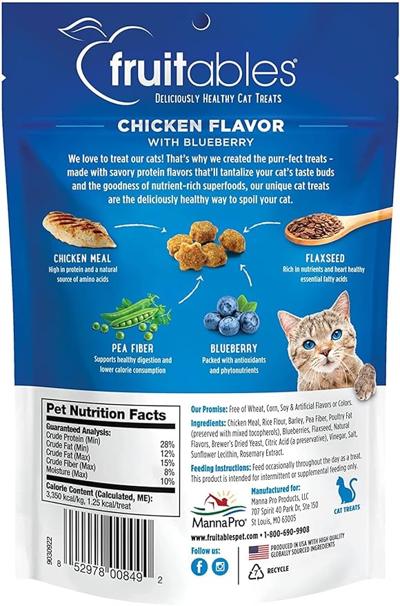 Fruitables Crunchy Low Calorie Treats Packed with Protein For Cats Healthy Free of Wheat, Corn and Soy – Made with Real Chicken with Blueberry – 2.5 Ounces-PawvioPets