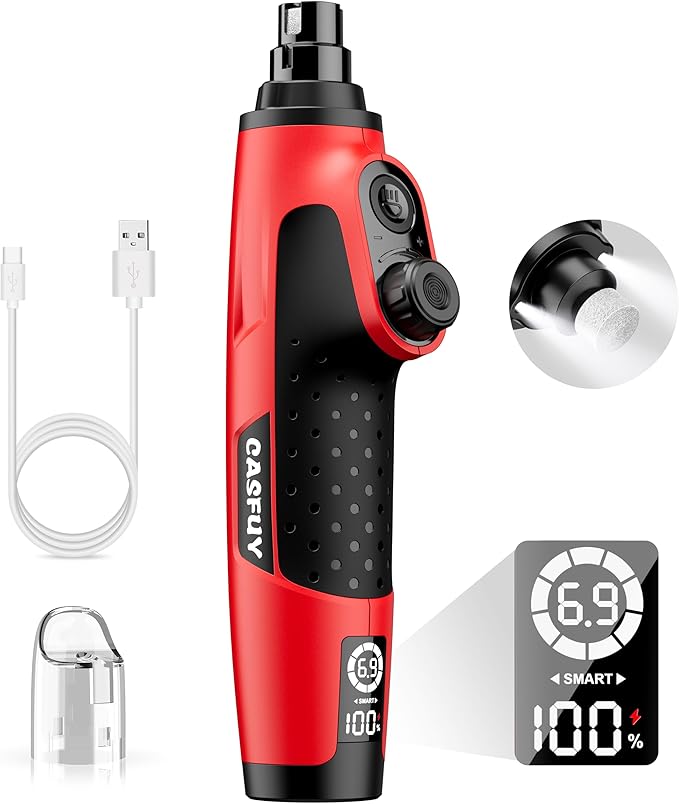 Casfuy Smart 6-Speed Dog Nail Grinder - 50% More Power Pet Nail Grinder with 2 LED Lights Quiet Rechargeable Electric Dog Nail Trimmers File Toenail Grinder for Large Medium Small Dogs & Cats (Red)-PawvioPets