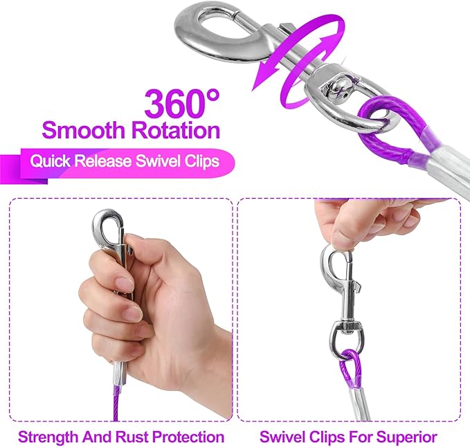 10FT Heavy Duty Dog Tie Out Cable for Large Dogs up to 125lbs, Durable Runner Tether Line (Purple)-PawvioPets