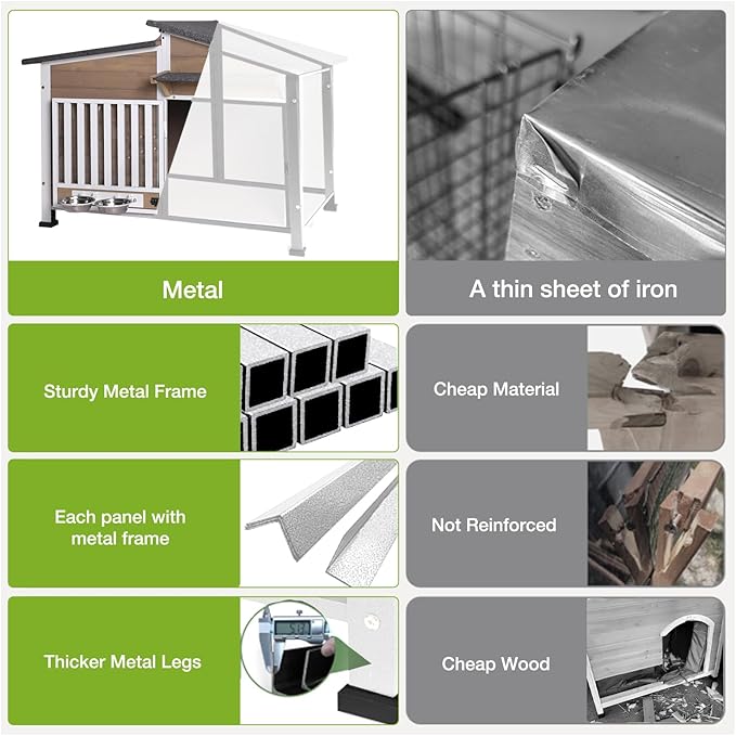 Dog House Outdoor with Bowls Weatherproof Dog Kennel with Anti-Chewing Iron Frame Dog Shelter for Small Medium Dogs(Light Brown)-PawvioPets